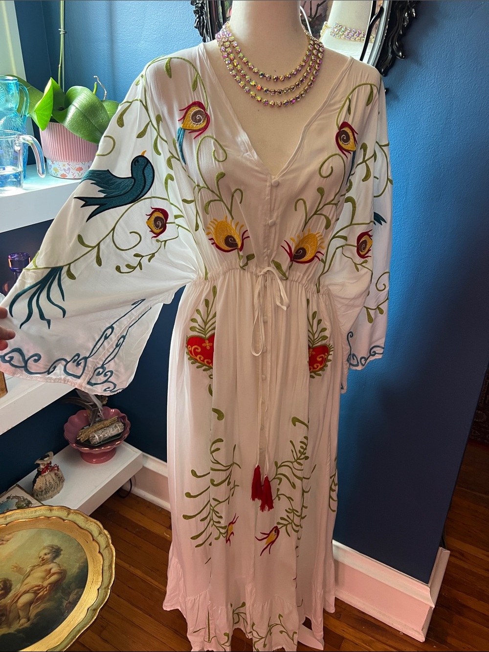 White Embroidered Boho Maxi Dress with Colorful Floral & Bird Motif